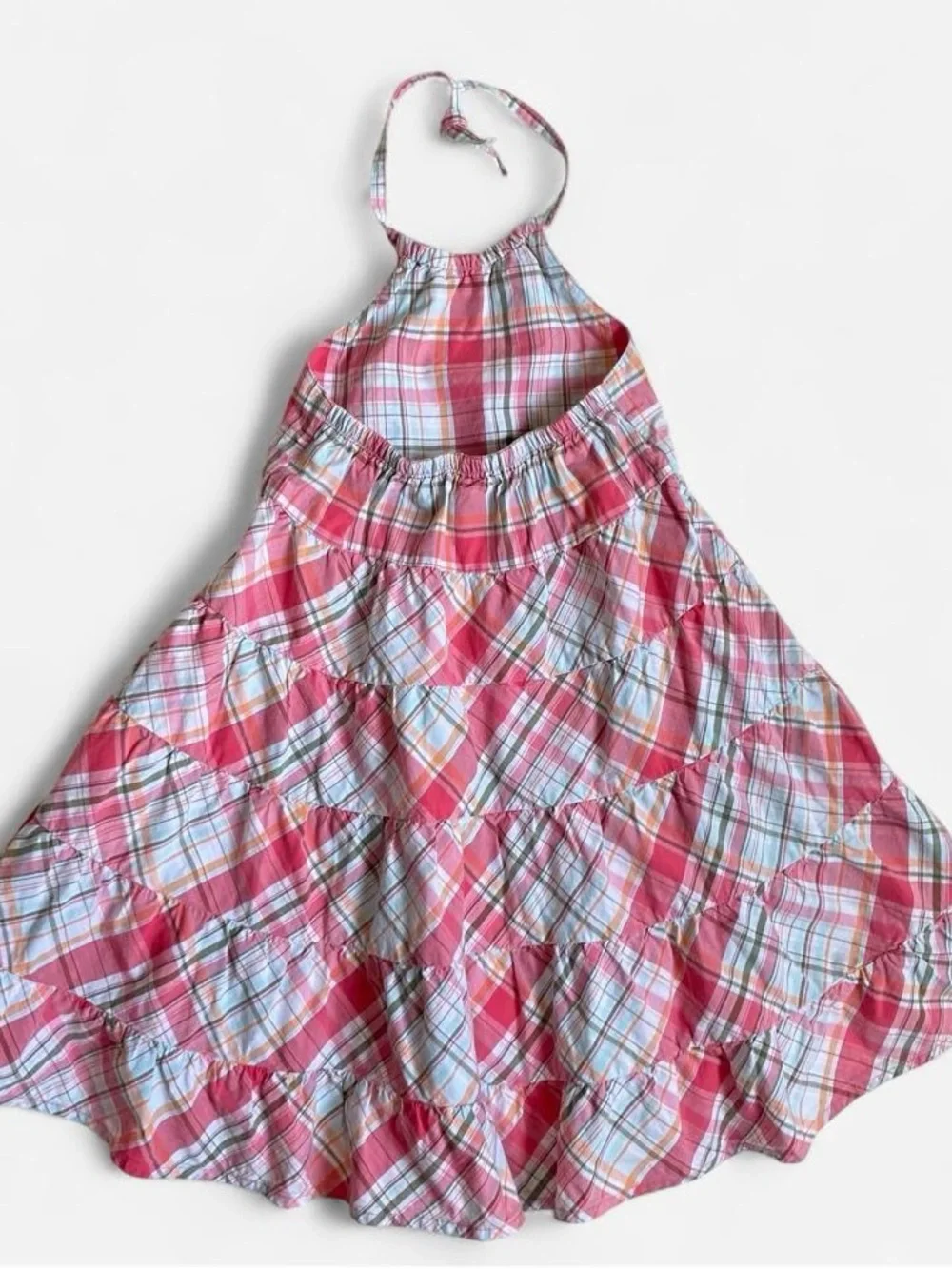 Y2K girls pink plaid cotton halter dress